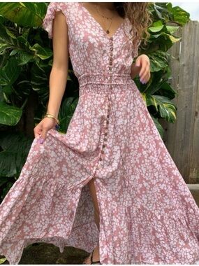 Tiare Hawaii Pink Floral V-Neck Button-Front Maxi Dress